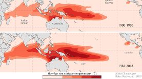 Mapa que muestra la expansión de la Piscina cálida del Pacífico a través de los años.