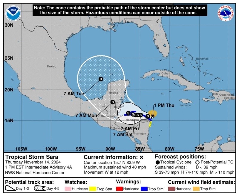 Esta es la imagen del NHC donde se encuentra ubicada Sara. / FOTO CORTESÍA MARN. 