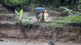 Personas esperan para ser evacuadas debido a la crecida de un río por el paso de la tormenta Sara, este sábado, en el sector de la aldea Tikamaya, en la ciudad de San Pedro Sula (Honduras). la Secretaría de Gestión de Riesgos y Contingencias Nacionales (Copeco) sumó este sábado a un sexto departamento en alerta roja (evacuación obligatoria) ante las intensas lluvias que sigue causando una estacionaria tormenta tropical Sara, en el Caribe, con miles de personas afectadas. EFE/ Gustavo Amador