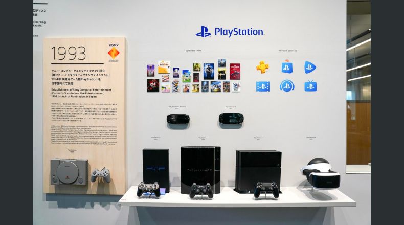 Videoconsolas de PlayStation, títulos de software y otros servicios en red en la sede de la compañía Sony en Tokio.