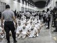 En esta fotografía proporcionada por la oficina de prensa de la presidencia de El Salvador, guardias penitenciarios trasladan a presuntos pandilleros venezolanos, deportados de Estados Unidos, al Centro de Confinamiento del Terrorismo (CECOT), en Tecoluca, El Salvador, el domingo 16 de marzo de 2025.