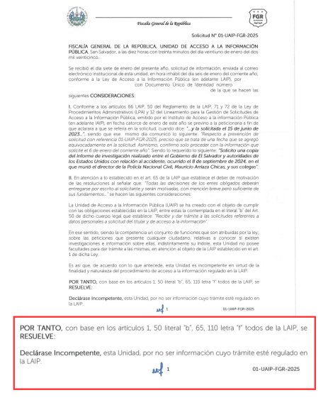 Respuesta de la Fiscalía sobre una petición de información sobre el accidente. 