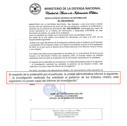 Respuesta del Ministerio de la Defensa ante una solicitud de información. 