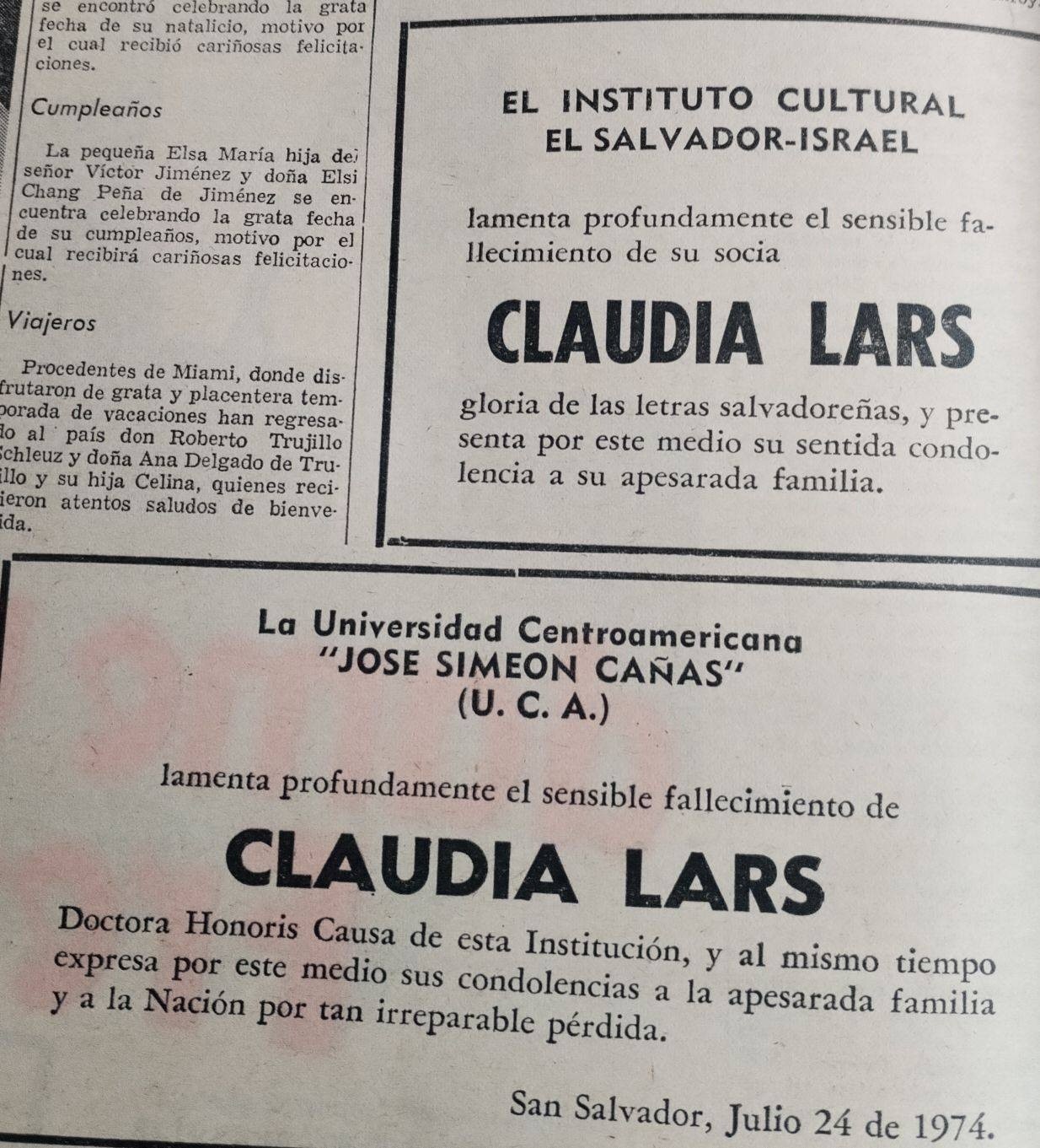   Ministerio de Educación lamenta el fallecimiento de Claudia Lars en una publicación de La Prensa Gráfica. Foto: LPG / Flor Ayala